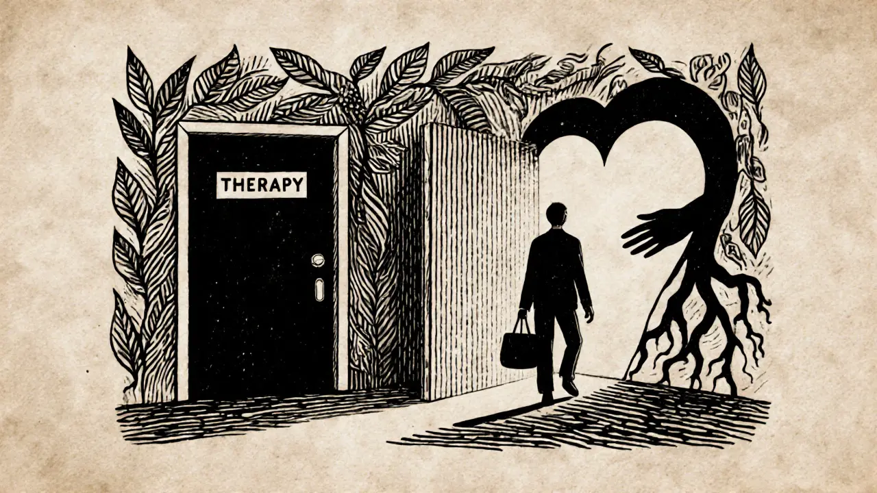 Osoba opouští terapii a směřuje k novému vstupu s teplým světlem a rukou nabízející pomoc.