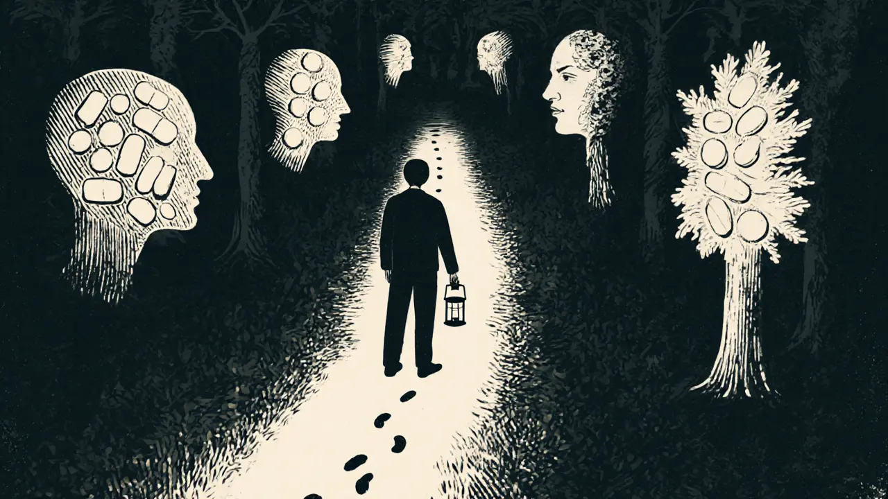 Osoba s lucernou stojí mezi stromy tvaru léků a hovorů, cesta vede vpřed.