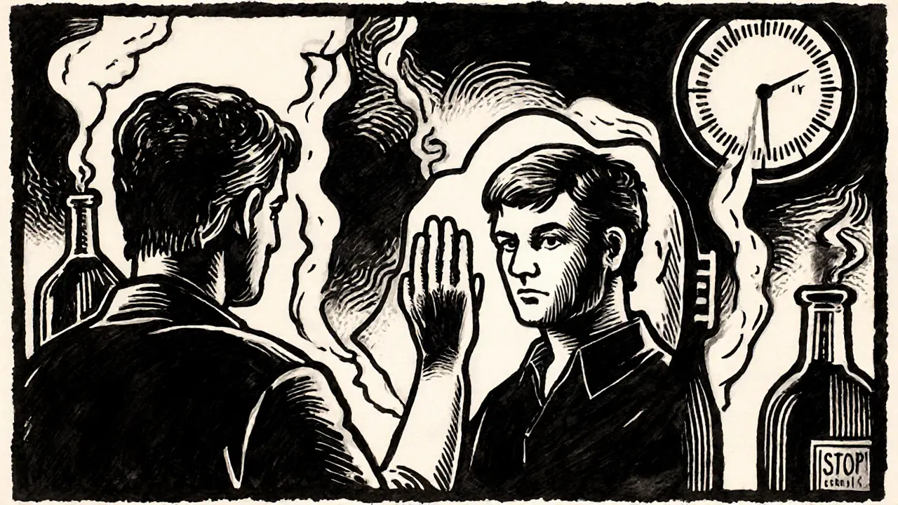 Osoba stojí před zrcadlem a říká &#039;STOP&#039;, zatímco stíny návyků se rozplynou.