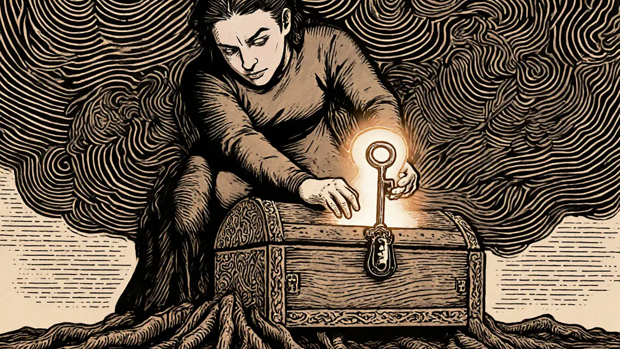 Osoba ukládá klíč do dřevěného trezoru, zatímco temné mraky se vzdalují.