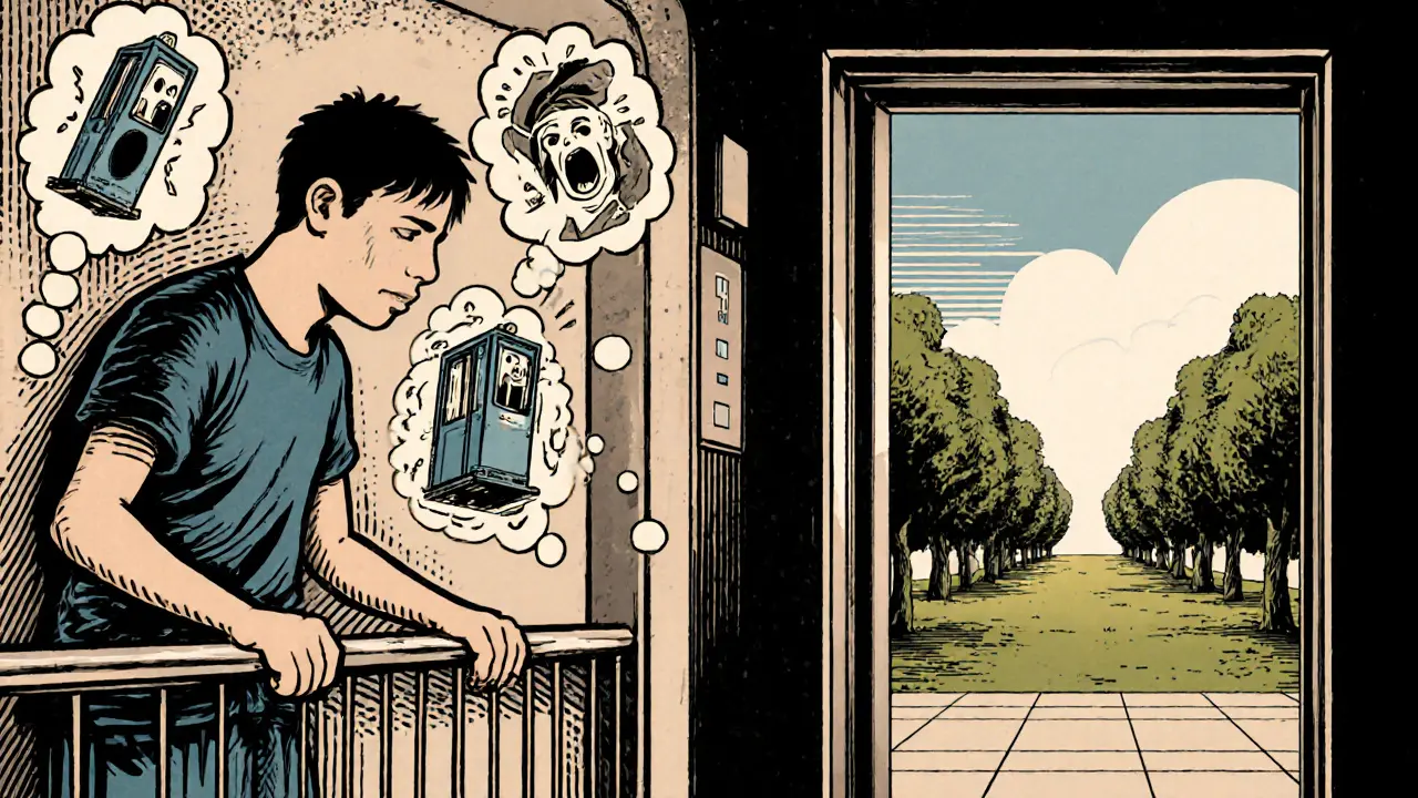 Osoba v výtahu je obklopena iluzemi strachu, které se mění v klidný krajinný výhled.