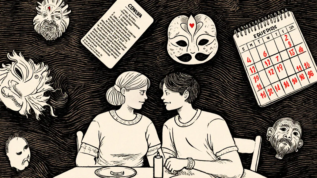 Pár u stolu s kulturními předměty a sdíleným kalendářem v dřevořezbě.