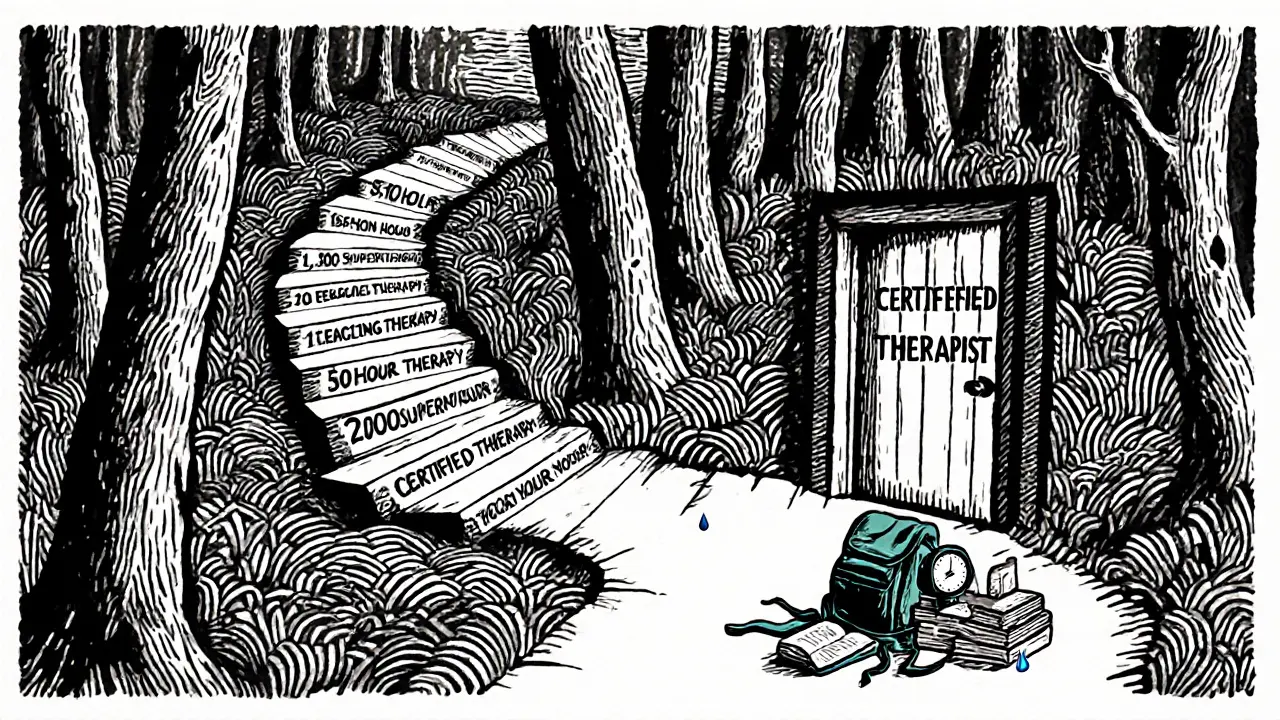 Pětiletá cesta terapeuta jako cesta lesem s popisky nákladů a koncem u dveří certifikace.