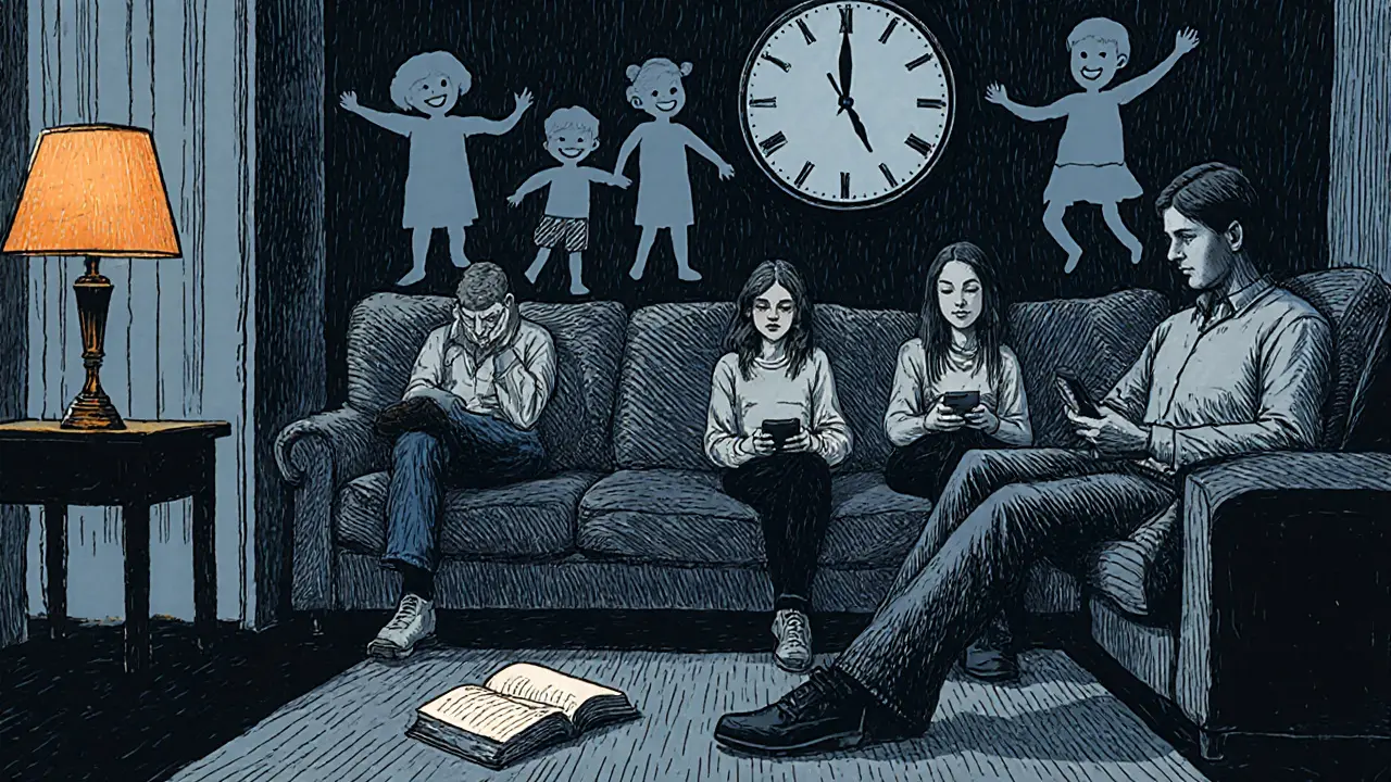 Rodina sedí v obývacím pokoji, každý uplavený ve svém zařízení, hodiny ukazují pozdní noc.