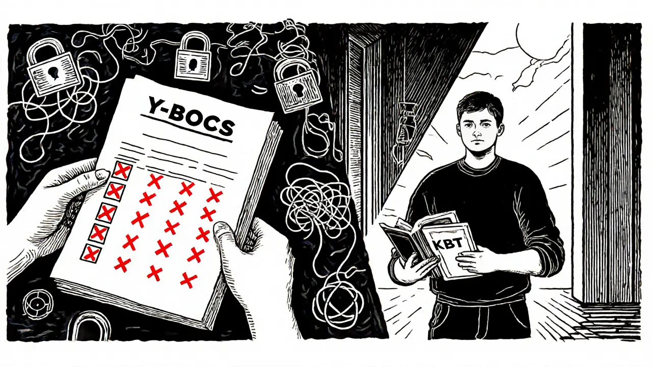 Rozdělený scénář: chaos OCD vlevo, strukturovaná KBT vpravo, symboly pokroku.