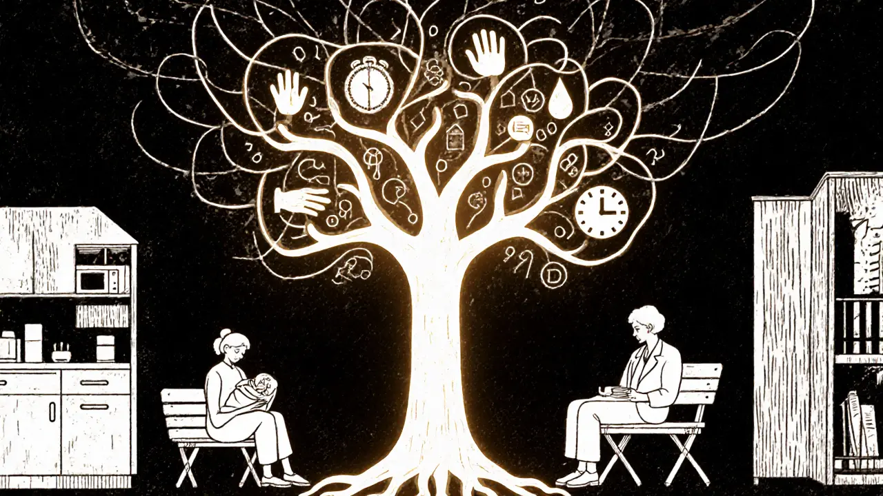 Různí lidé jsou spojeni světelnou sítí vedenou ke stromu symbolizujícímu léčbu.