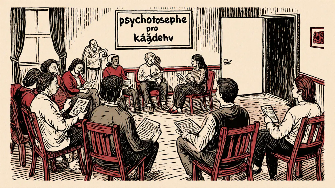 Skupina lidí účastní se skupinové terapie v komunitním centru s plakátem o přístupnosti.