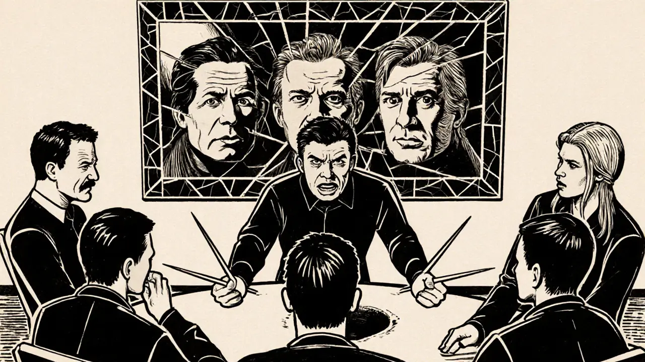 Skupinová terapie: jeden muž agresivně předkládá, ostatní se vzdalují, za nimi zrcadlo odrazuje zkreslené obličeje.