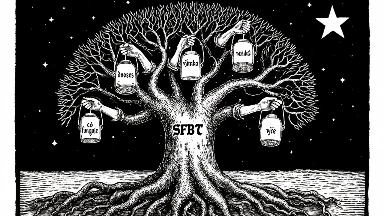 Strom s kořeny jako řetězy a větvemi z rukou držících lucerny, každá s jedním slovem: výjimka, dnes, co funguje, více.