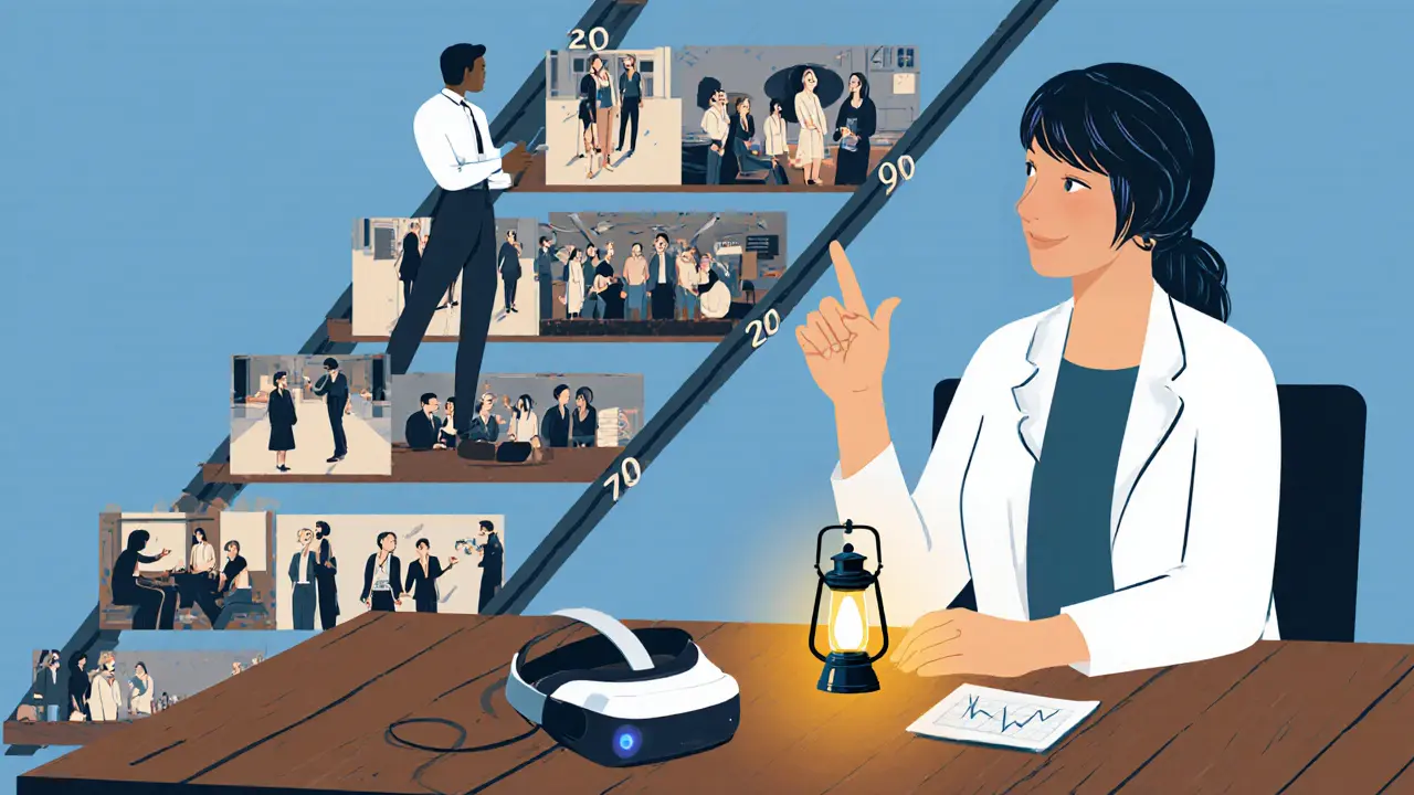 Terapeut a klient spolu pracují na hierarchii strachu, za nimi se vynořuje moderní terapeutická technologie.