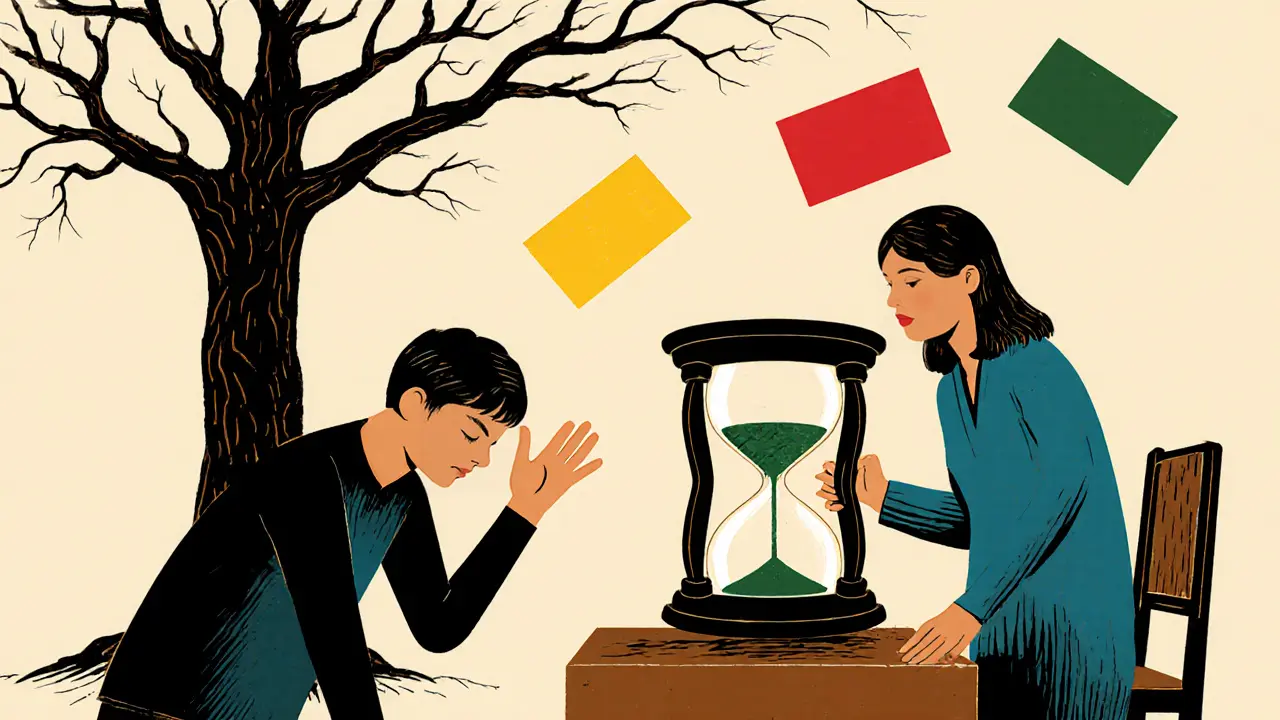 Terapeut a klient v místnosti, klient ukazuje &#039;stop&#039;, hodiny se rychle vyprázdňují, ve vzduchu visí barevné karty.