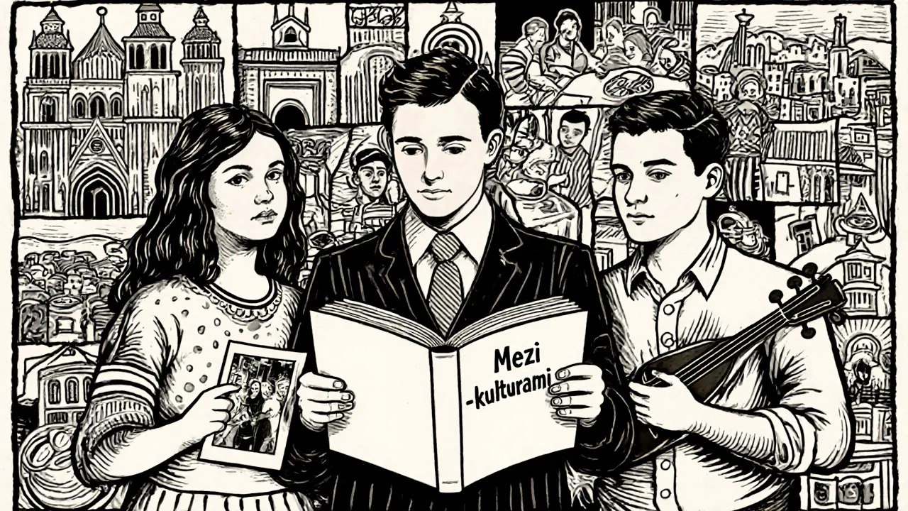 Terapeut a pár s fotkou a nástrojem, kolem nich kultury jako skládačka v dřevořezbě.