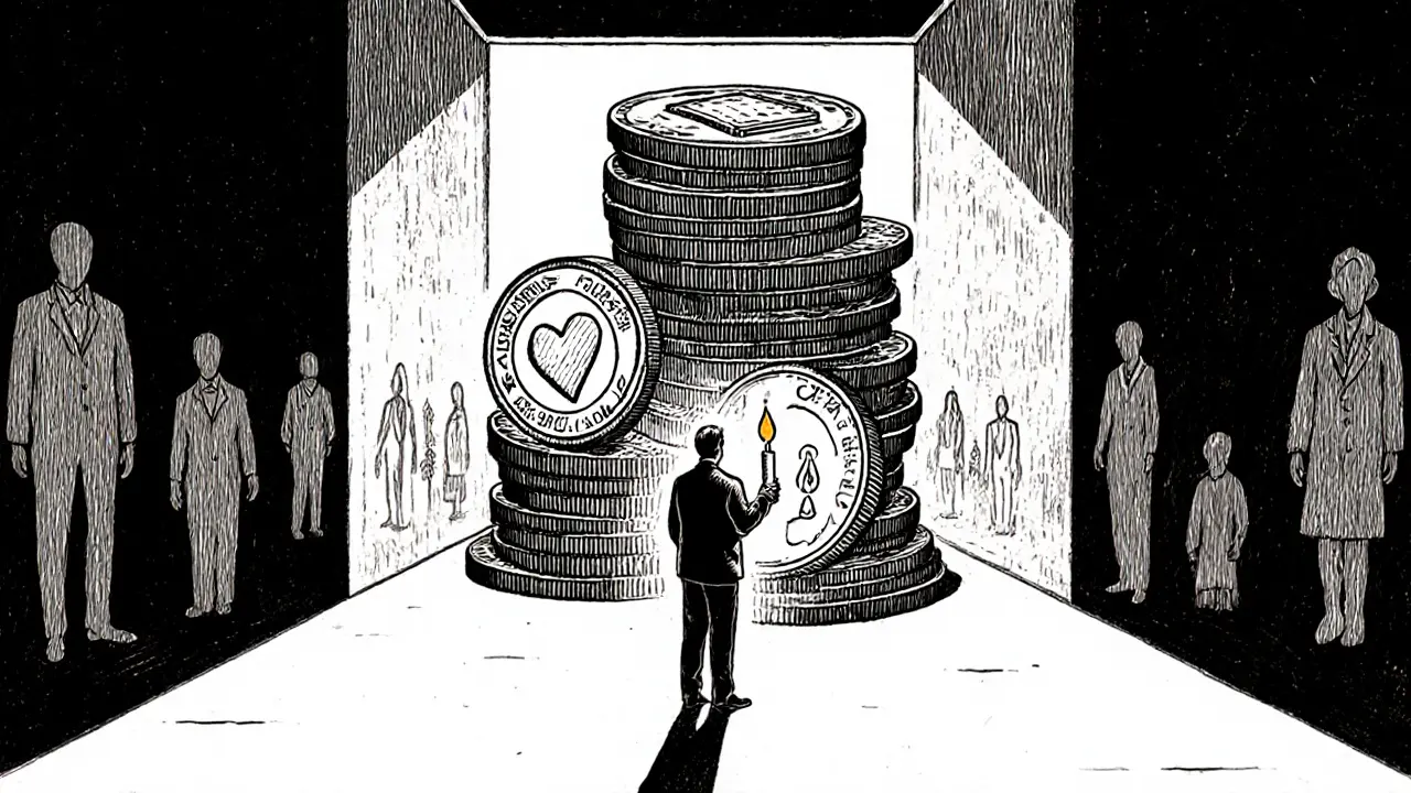 Terapeut drží svíčku, za ním hromada mincí s hodnotou 400 000 Kč, stínové postavy klientů na zdech.