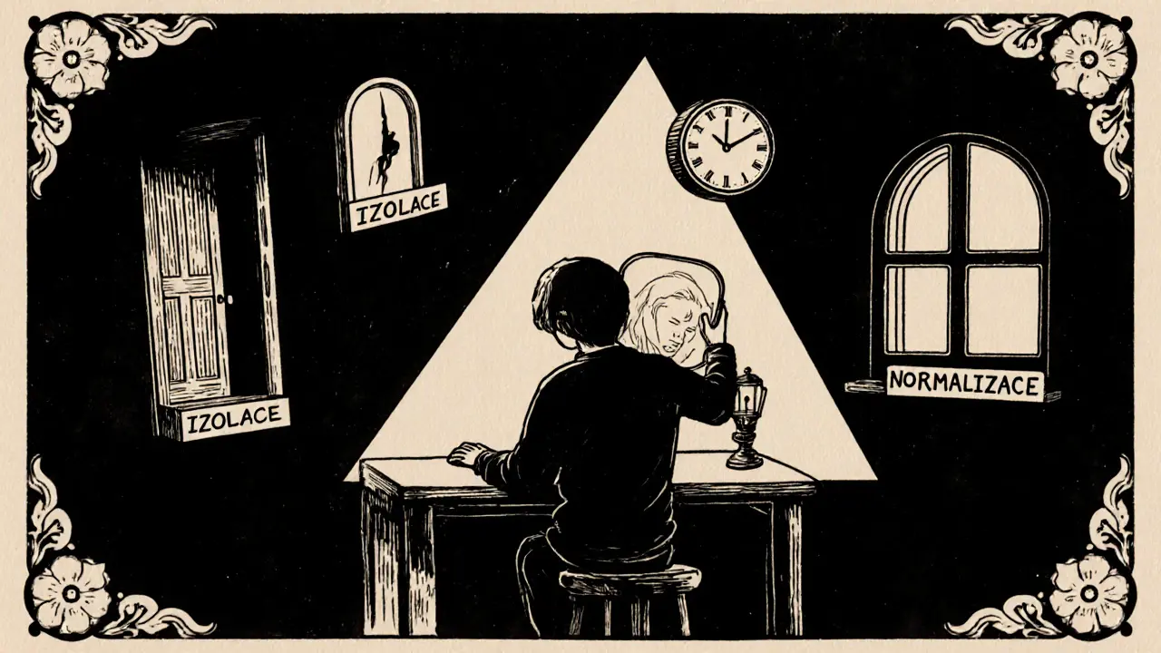 Terapeut drží zrcadlo, které odráží klienta, kolem něj symboly ticha, normalizace a izolace, dřevorytový styl.