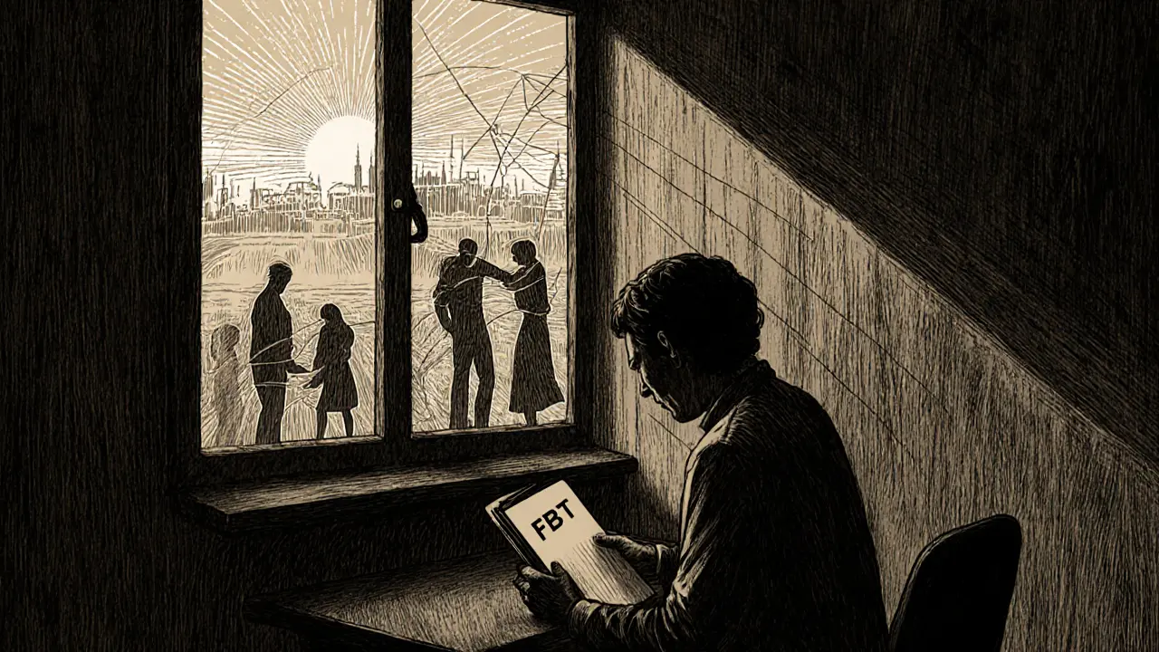 Terapeut s rodinami v pozadí, symbolické spojení vývoje