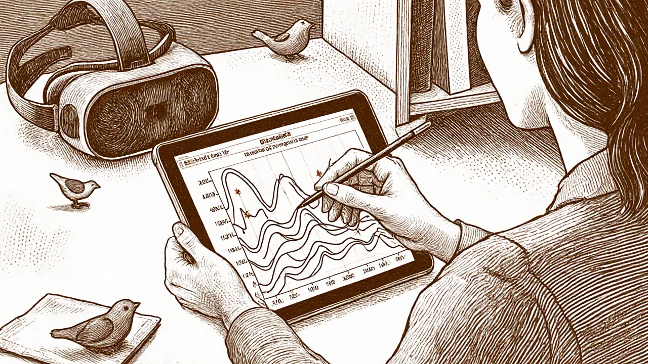 Terapeut sleduje biofeedback na tabletu, vedle něj VR headset a dřevěný pták.
