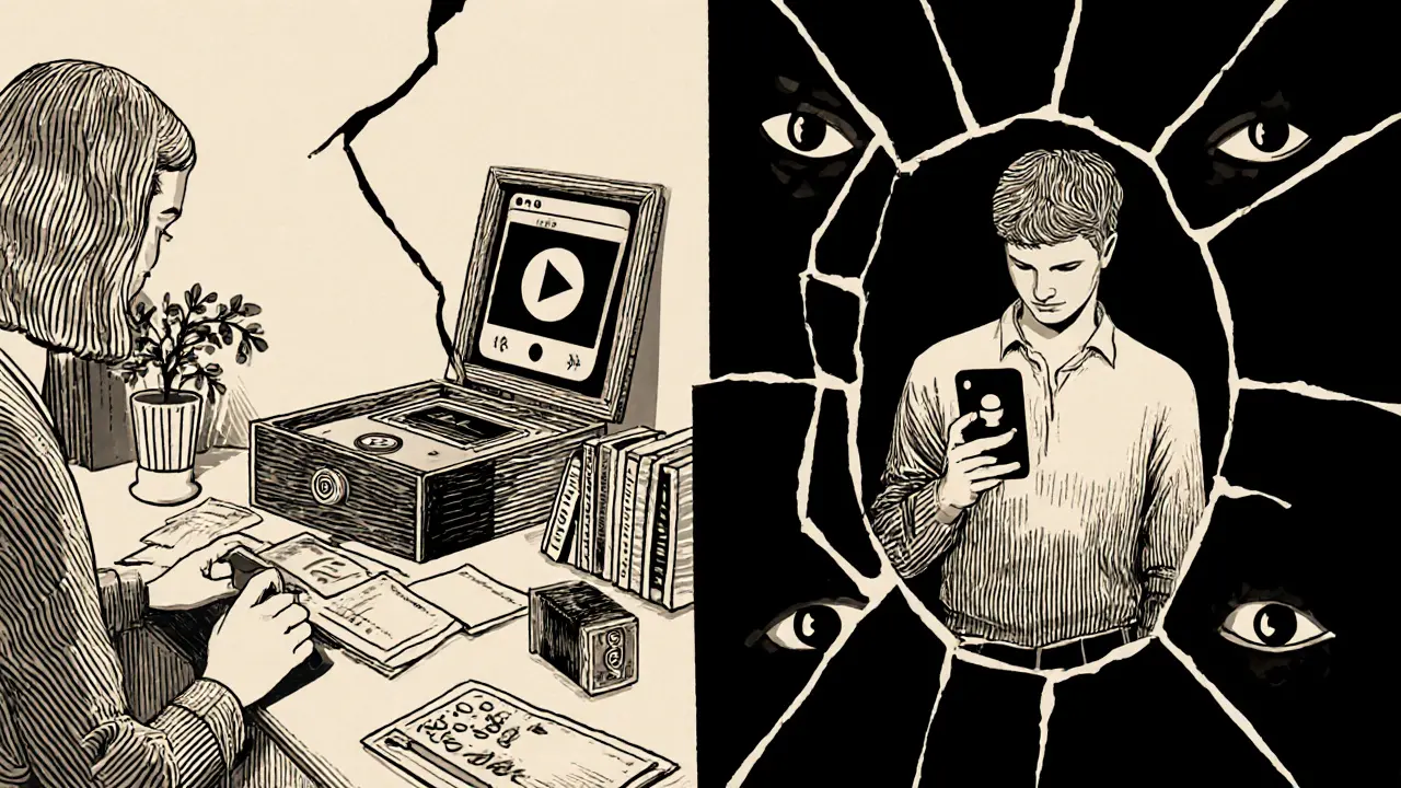 Terapeut ukládá nahrávku do zámku, klient doma sleduje telefon s nahrávacím ikonou.