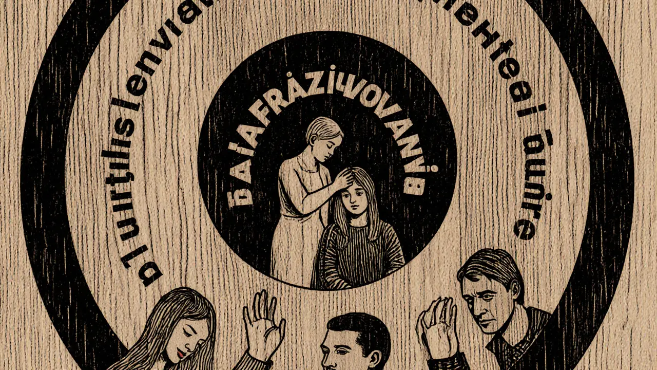 Tři kruhy figur: terapeut naslouchá, kolem něj techniky, vně přerušující terapeuti, vše v dřevorytovém stylu.