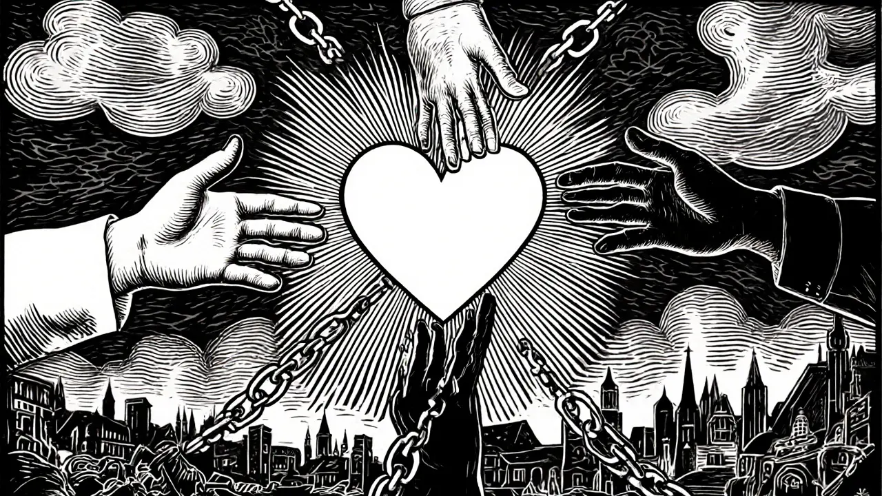 Tři ruce se táhnou k světlé srdci, symbolizující různé skupiny hledající pomoc, okolo nich se rozptylují řetězy.