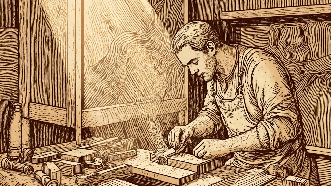 Truhlář pracující s dřevem v dílně, přesné řezání a světlo, které zdůrazňuje jeho soustředění.