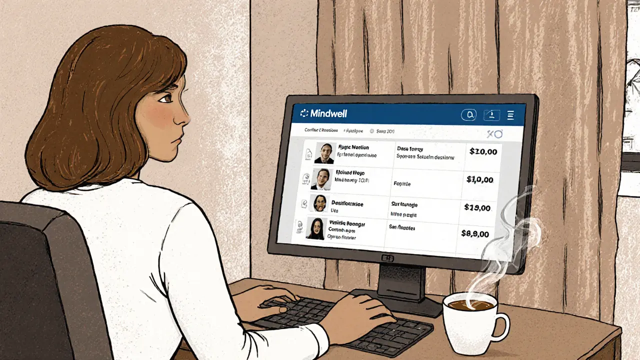 Žena prohlíží online platformu Mindwell s registrovanými terapeuty a sníženými cenami.