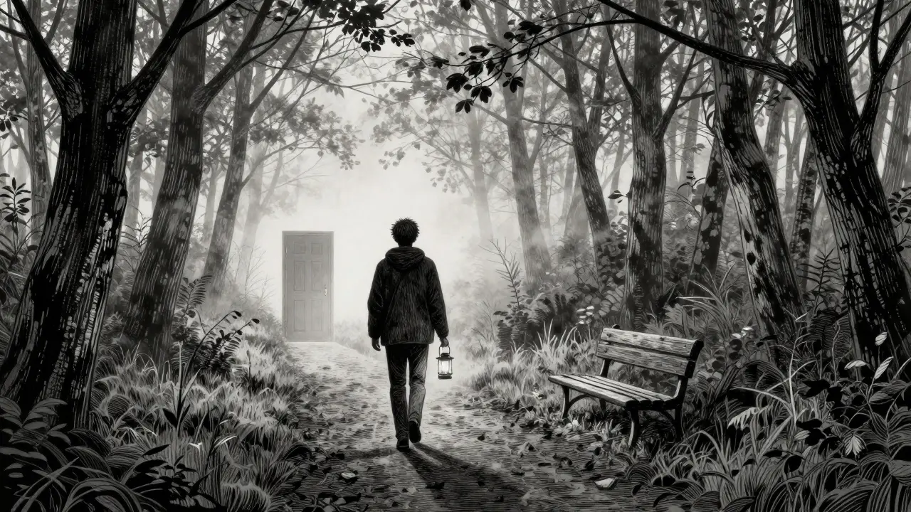 Člověk kráčí lesní cestou s lucernou, za ním zmizí dveře terapeuta, vpředu čeká prázdná lavička.