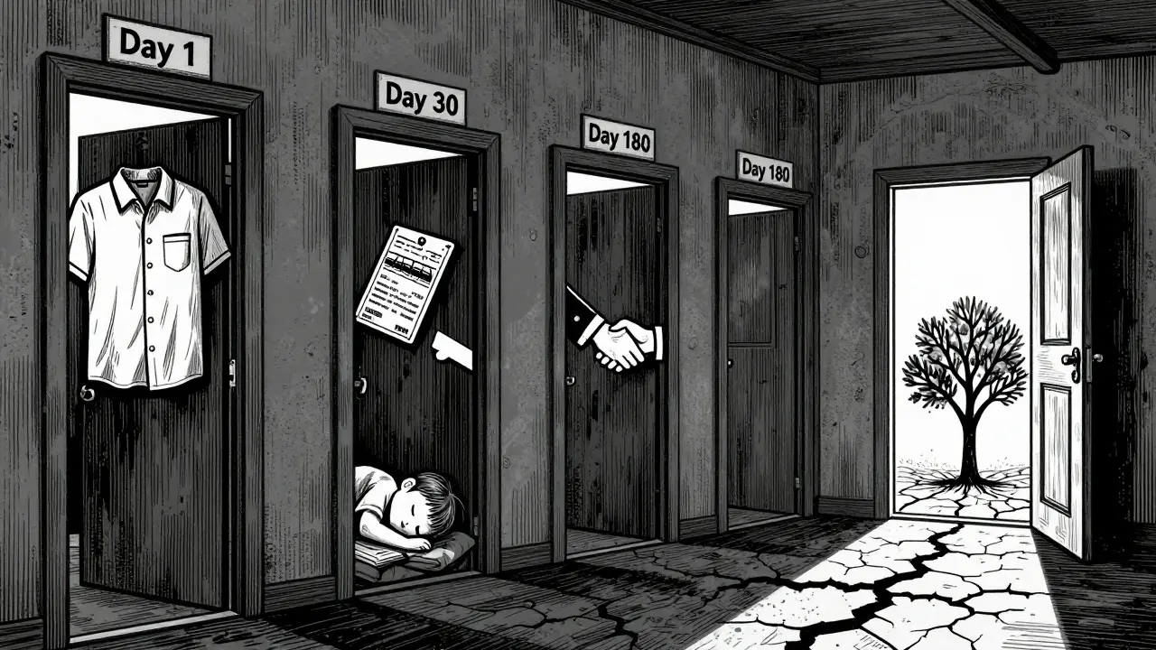 Délka cesty k reintegraci znázorněna dveřmi s postupným prosvětlením a růstem stromu.