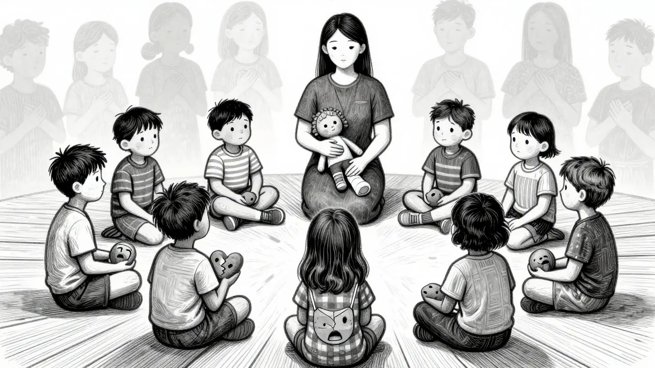 Děti v kruhu drží vytvarované předměty, terapeut sedí vedle s panenkou.