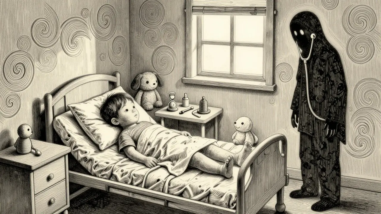 Dítě v nemocničním lůžku hraje s lékařskými hračkami, prostředí je bezpečné a klidné.