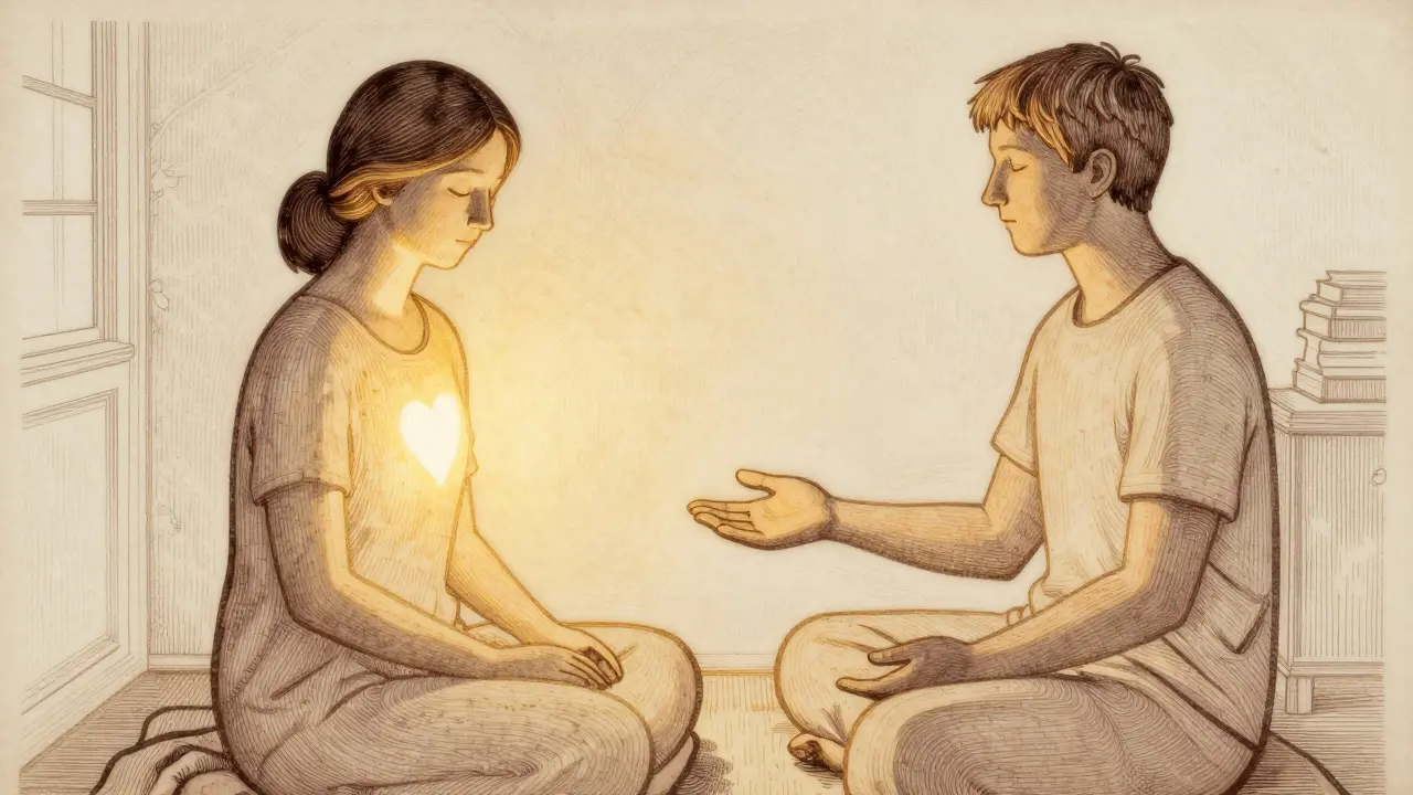 Dva lidé v klidné místnosti, jeden poslouchá druhého bez slov, podle Rogersova přístupu.