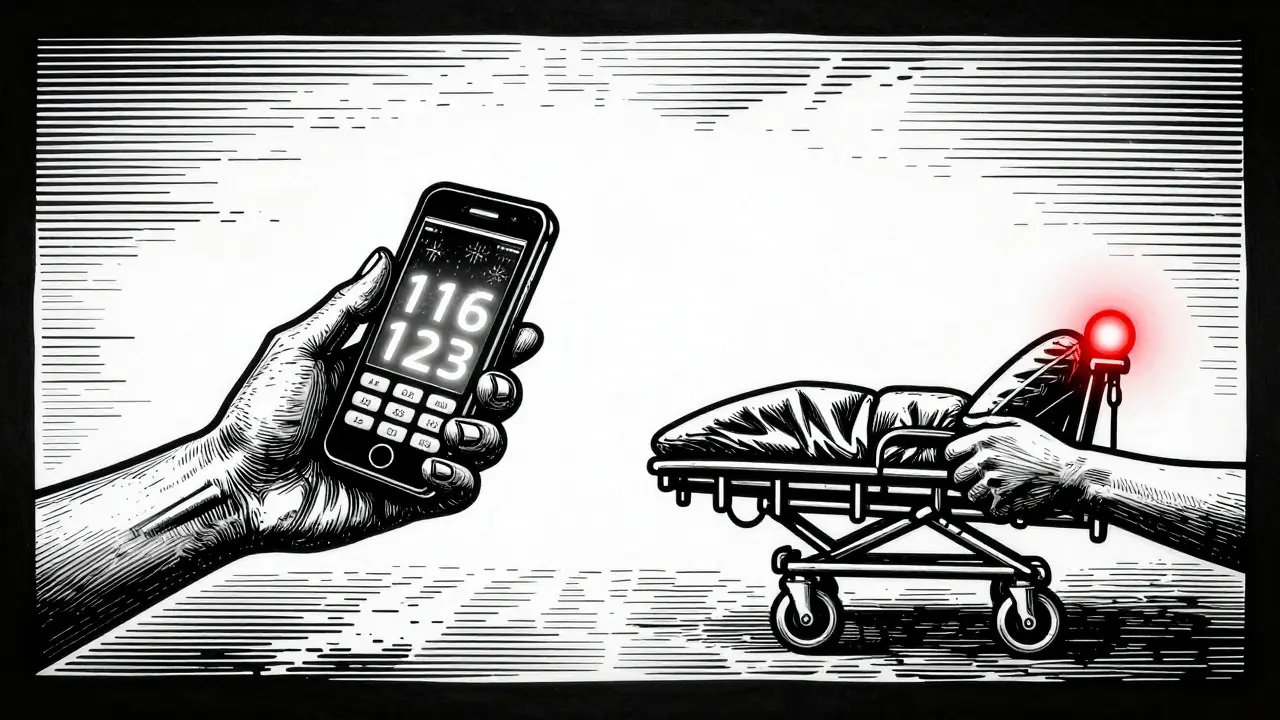 Dvě ruce se snaží spojit — jedna drží telefon s číslem 116 123, druhá stretčer.