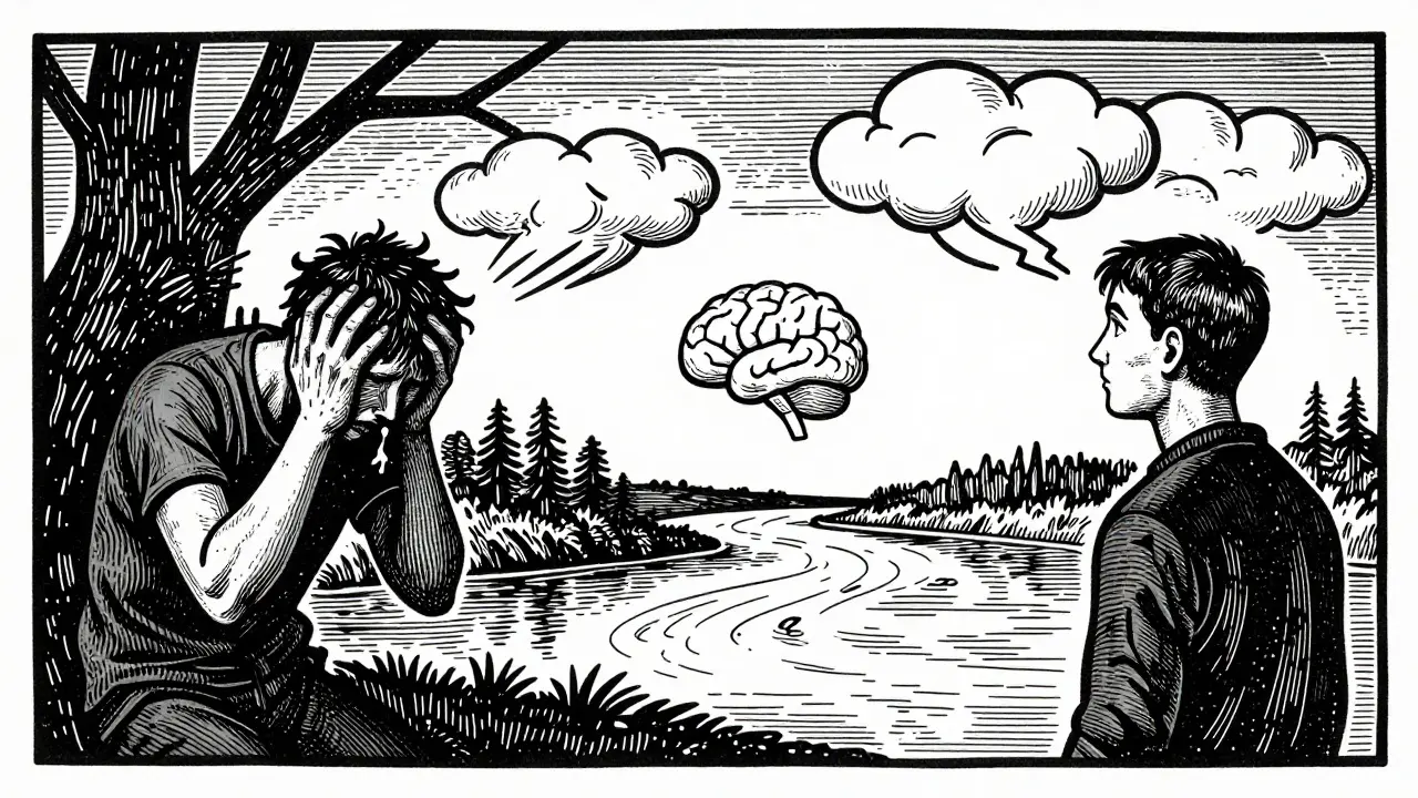 Dvě strany jedné osoby: jedna zmatená, druhá klidně pozorující myšlenky jako mraky.