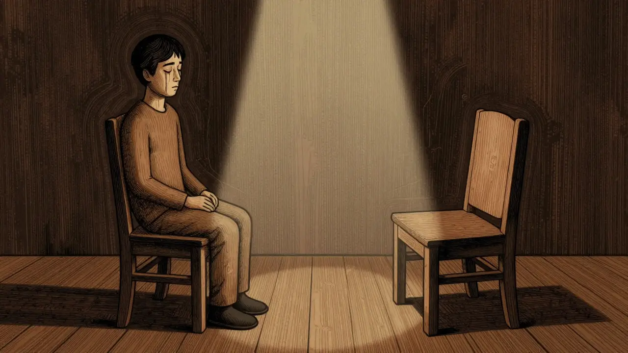 Dvě židle v prázdném prostoru, jedna obsazená, druhá prázdná, mezi nimi světlo.