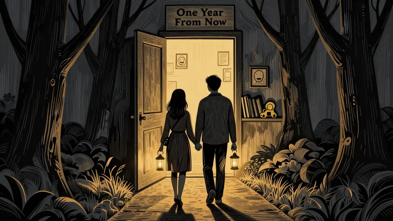 Dvojice kráčí v šeru ruce v rukách, před nimi dveře do budoucnosti, za nimi stromy minulosti.