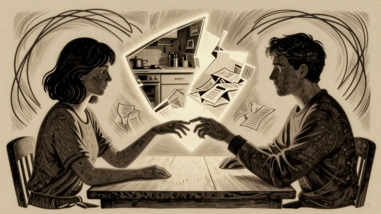 Dvojice stojí naopak od sebe, mezi nimi zrcadlo odrazující jejich ruce a rozdílné životní scény.