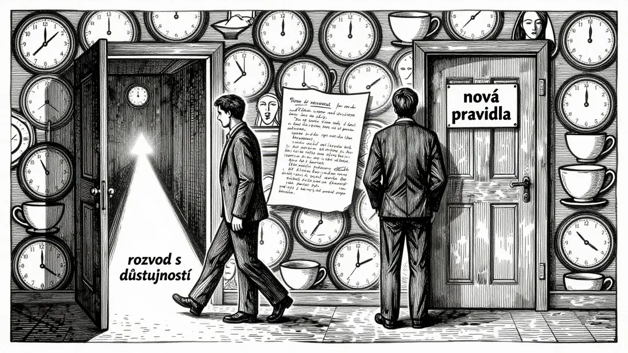 Dvojice stojí u dveří, každá směrem k jiné budoucnosti v dřevorytovém stylu.