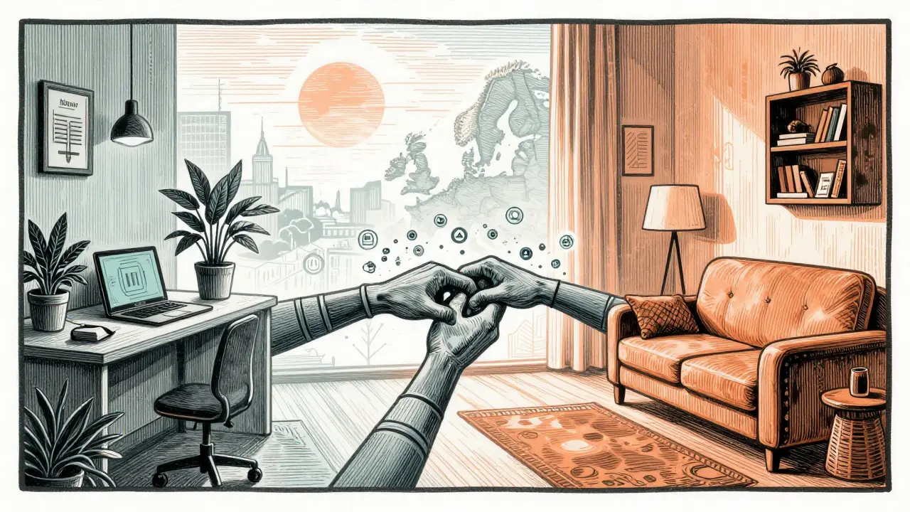 Hybridní terapie: domácí a kancelářské prostředí spojené mostem rukou a digitálními ikonami.