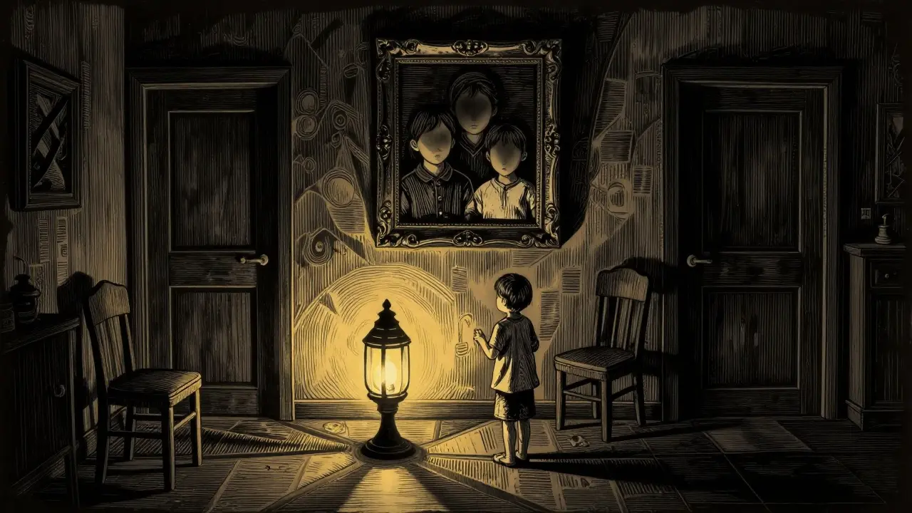 Jedna lampa osvětluje rozostřený portrét rodiny, dítě drží lucernu, světlo vytváří cesty.