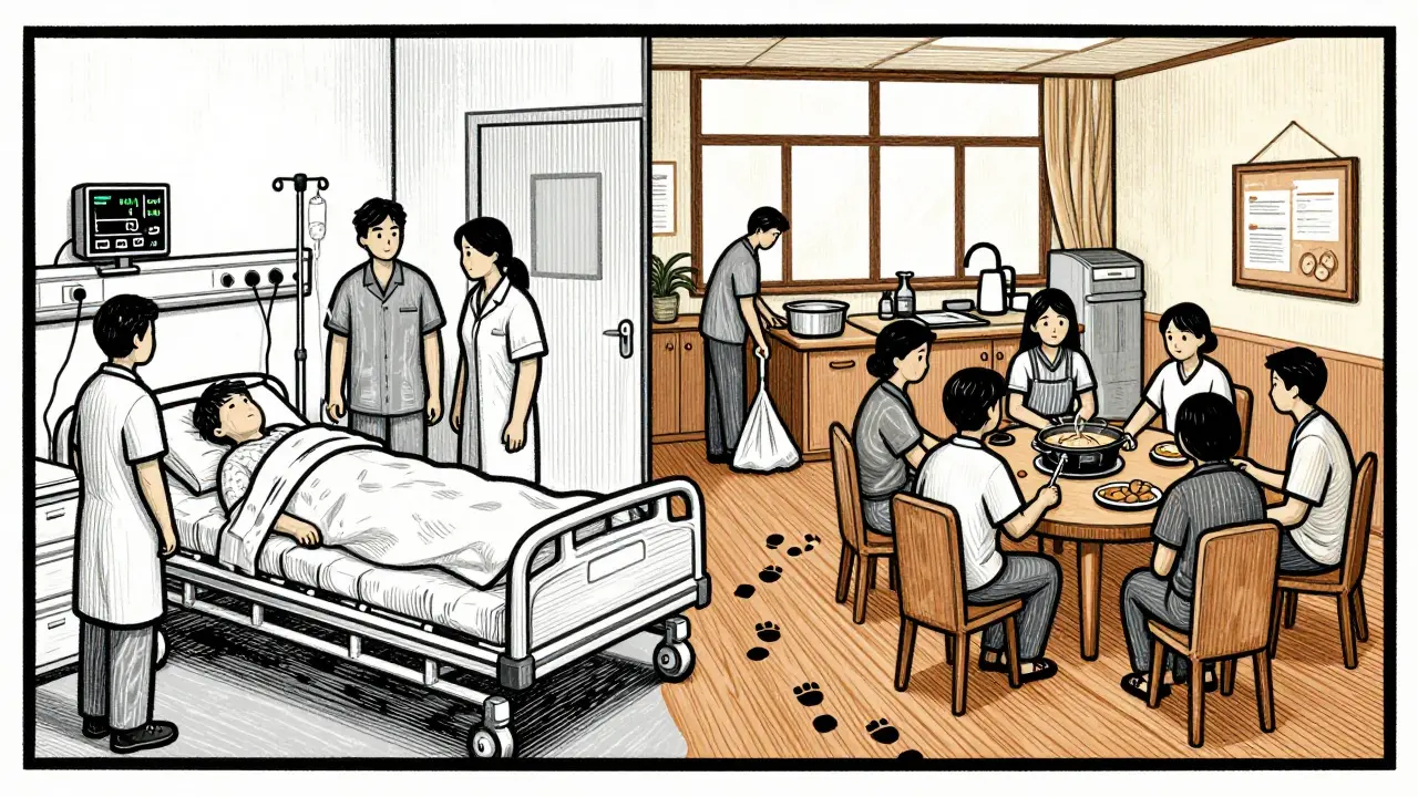 Kontrast mezi nemocničním pokojem a komunitním prostorem s lidmi ve skupině.