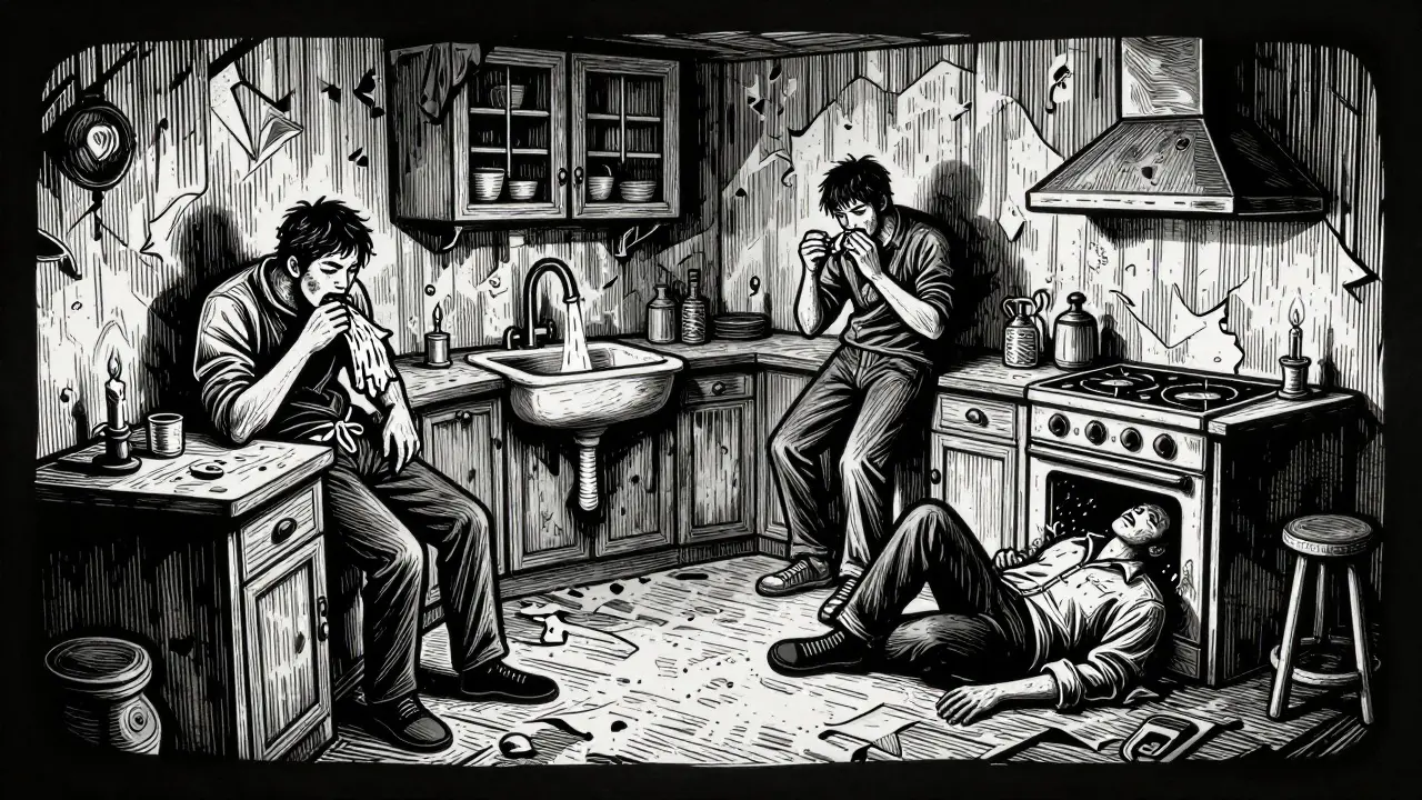 Kruhová scéna v kuchyni: osoba v cyklu přejídání, zvracení, užívání laxativ a vyčerpání.