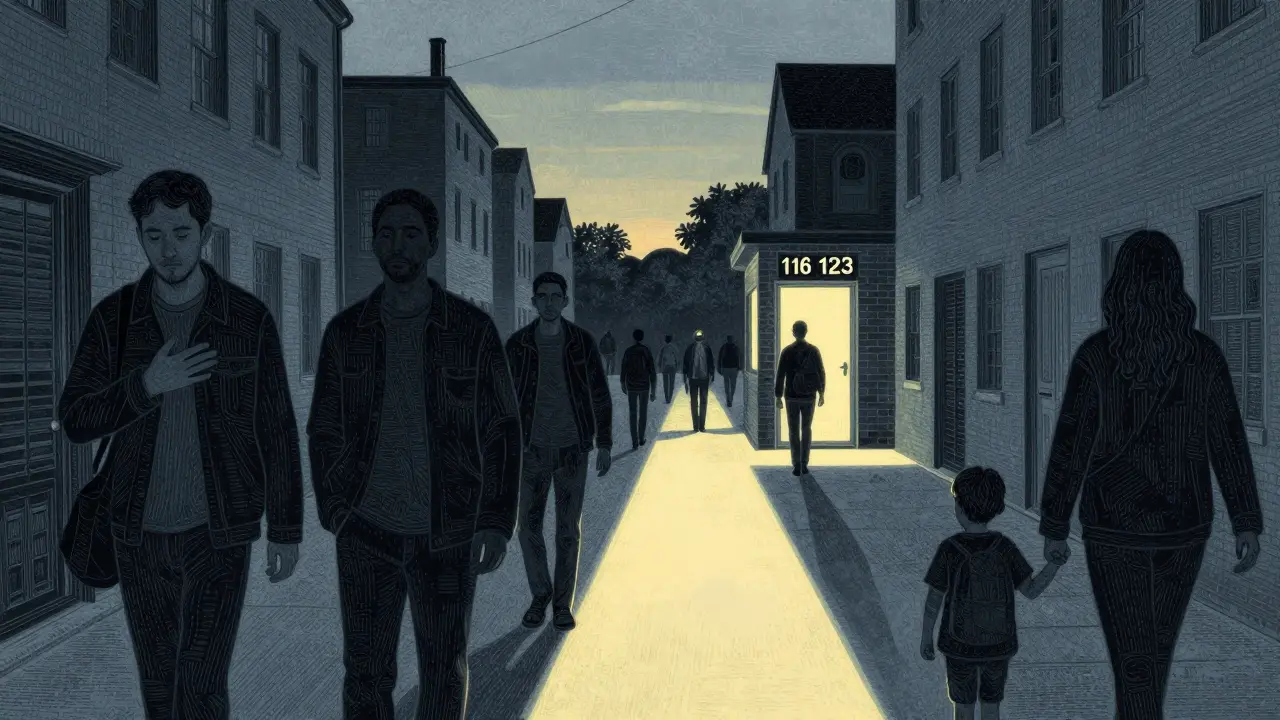 Lidé v městě jdou sami, ale cesta vede k osvětlené budově s číslem 116 123.
