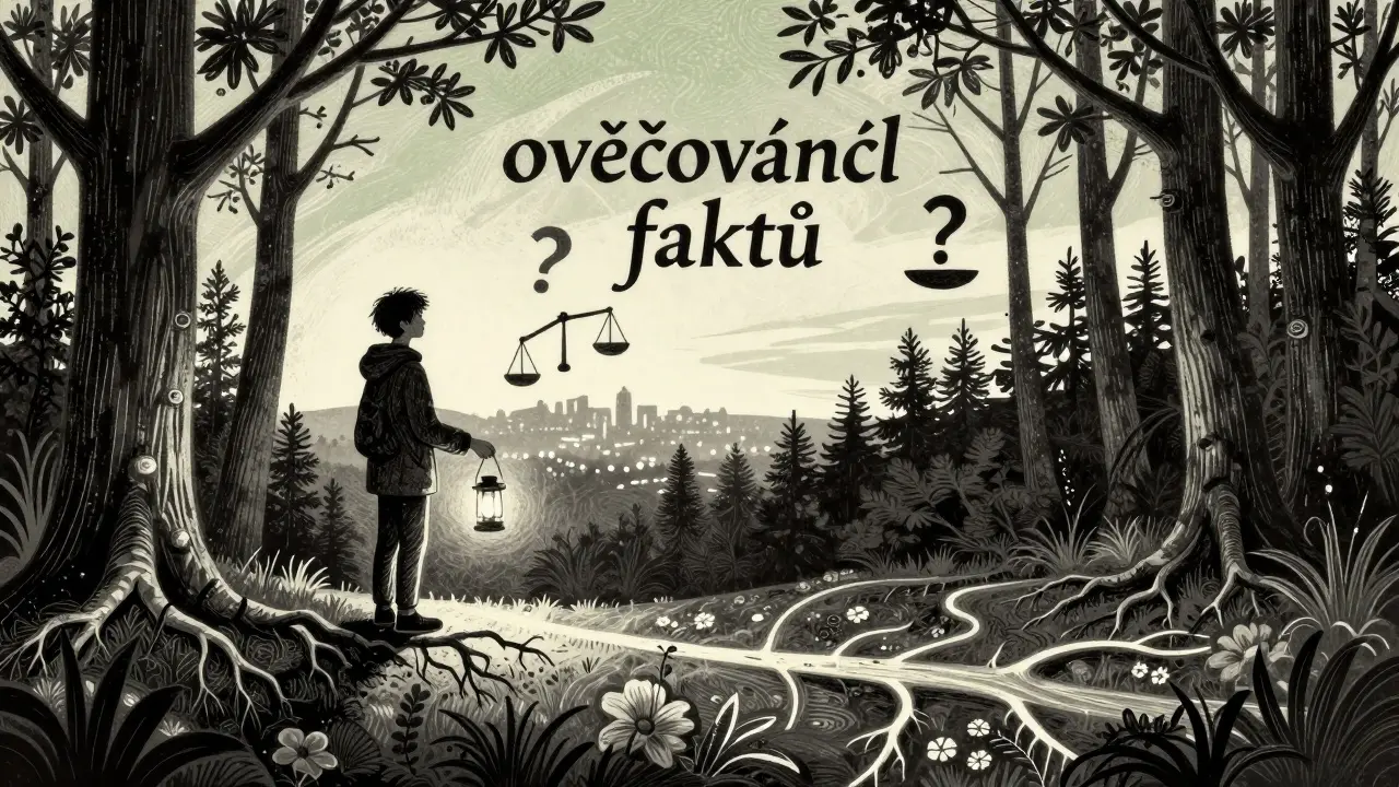 Mladý člověk stojí v lese při svitu dne, kořeny se mění v cesty, drží lucernu.