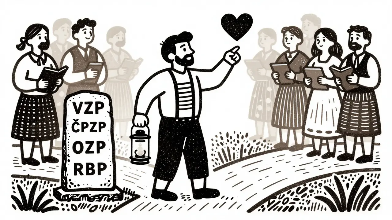 Osoba na rozcestí mezi seznamem pojišťoven a srdcem volby, kolem ní lidé v českém oděvu.