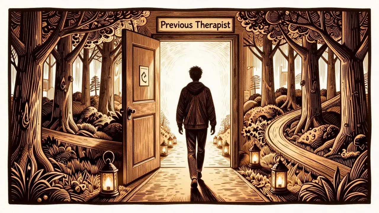 Osoba odchází od zavřené dveře směrem k cestě osvětlené lampami důvěry a přijetí.