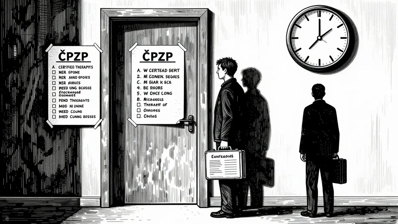 Osoba se ztrácí před dveřmi s omezeným seznamem terapeutů.