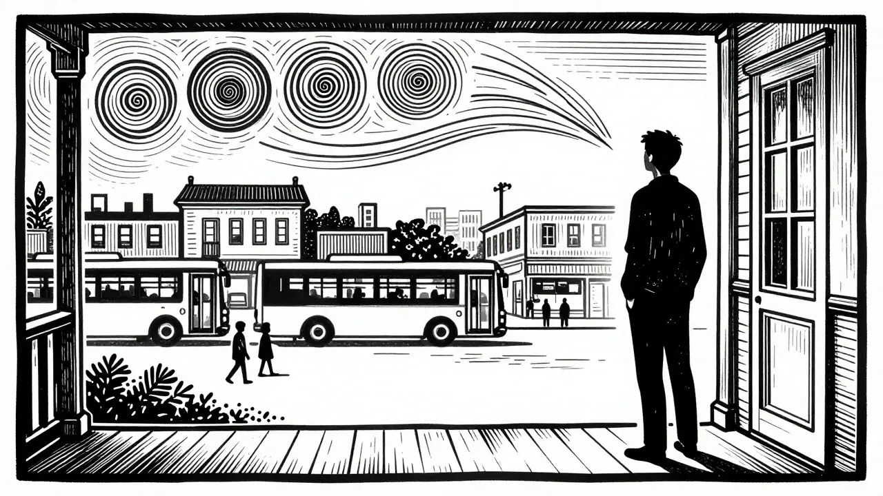 Osoba stojí na prahu domu, dívá se na město, dech je vidět jako vlny.