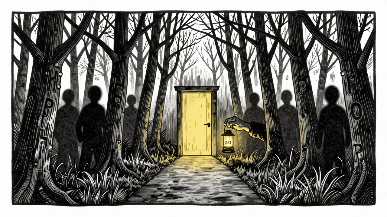 Path through HPO forest ends at glowing door with lantern labeled &#039;DBT&#039;.