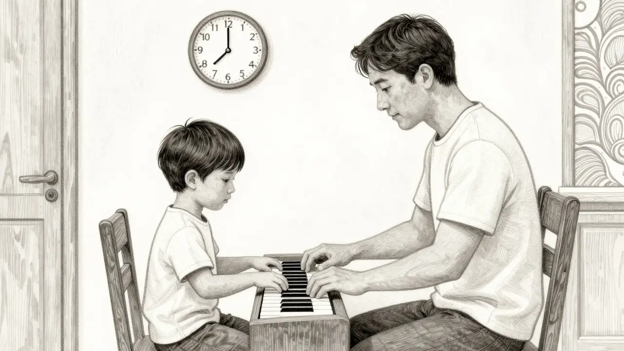 Rodič a dítě společně hrají na klavír, v pozadí hodiny ukazují 7:30.