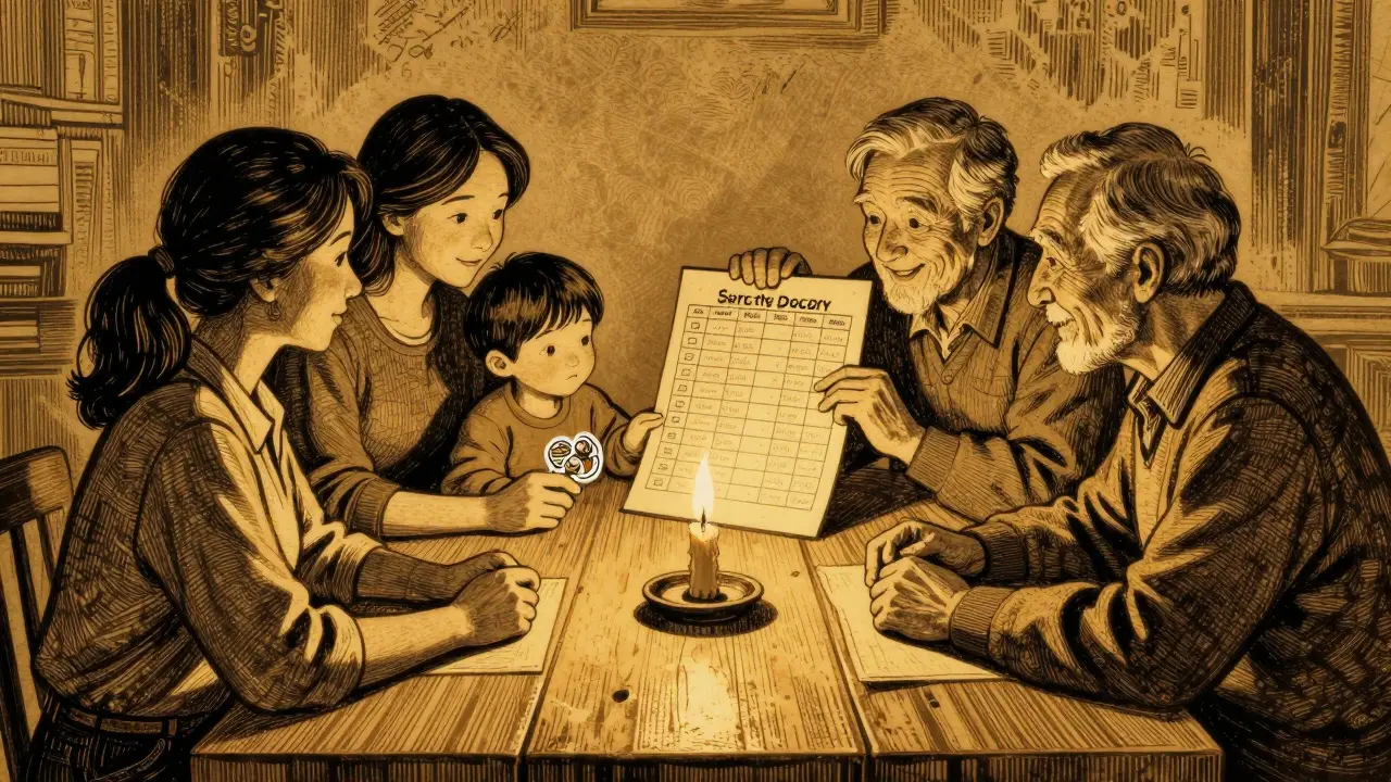 Rodina společně sleduje bodovou tabulku, prarodič se usmívá, svíčka na stole.