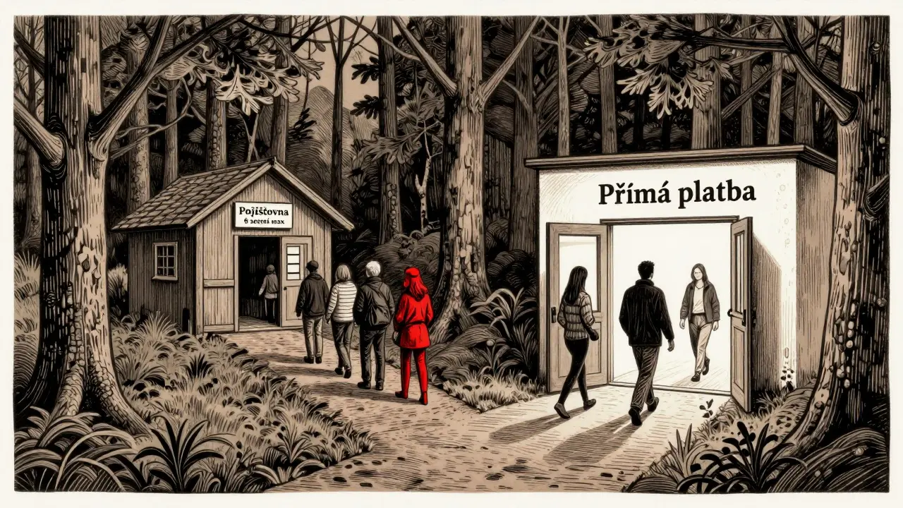 Rozvětvená cesta v lese: jedna k pojišťovně s čekáním, druhá k soukromé terapii bez fronty.